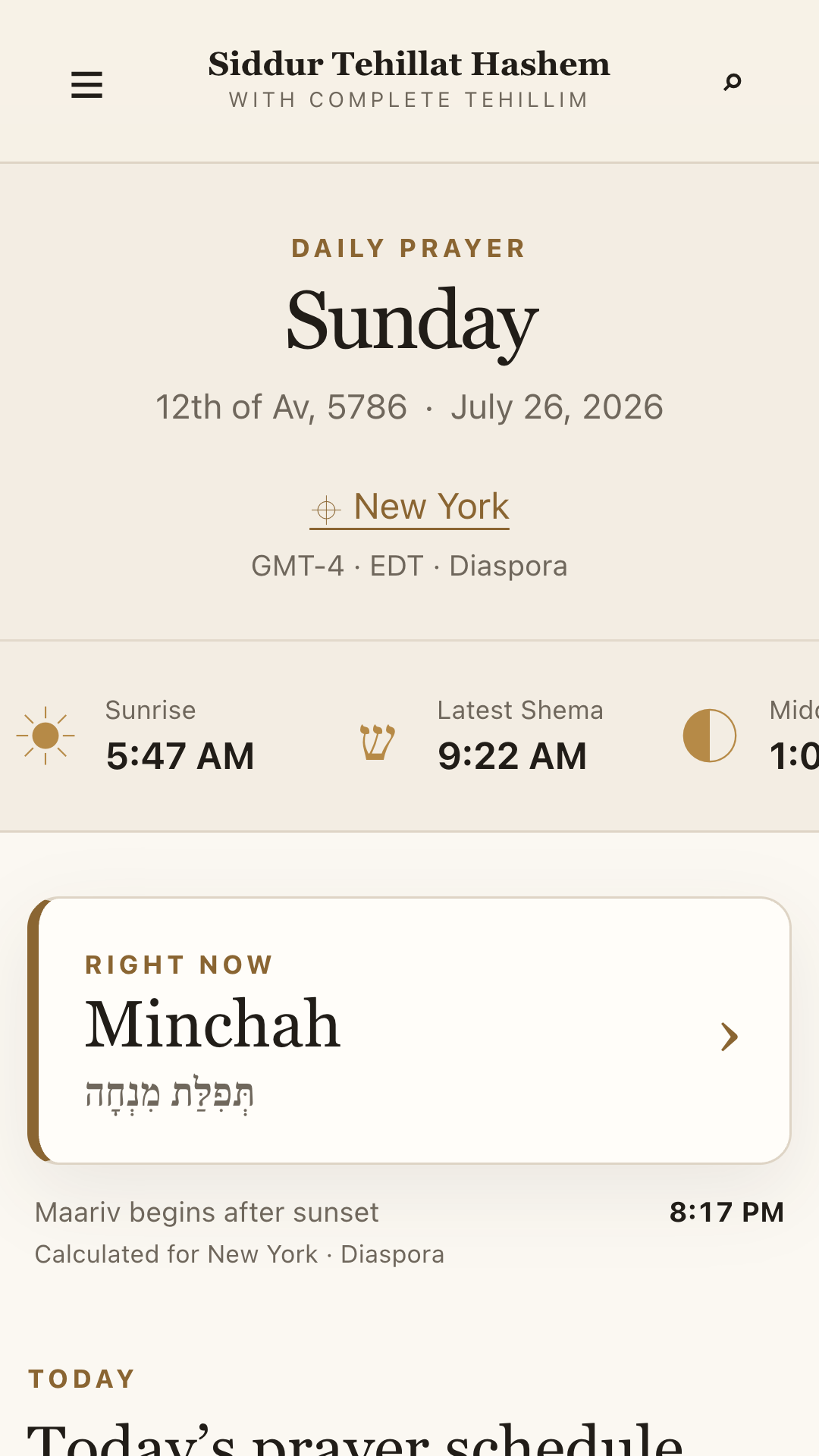 The app's date-aware daily prayer screen showing today's schedule